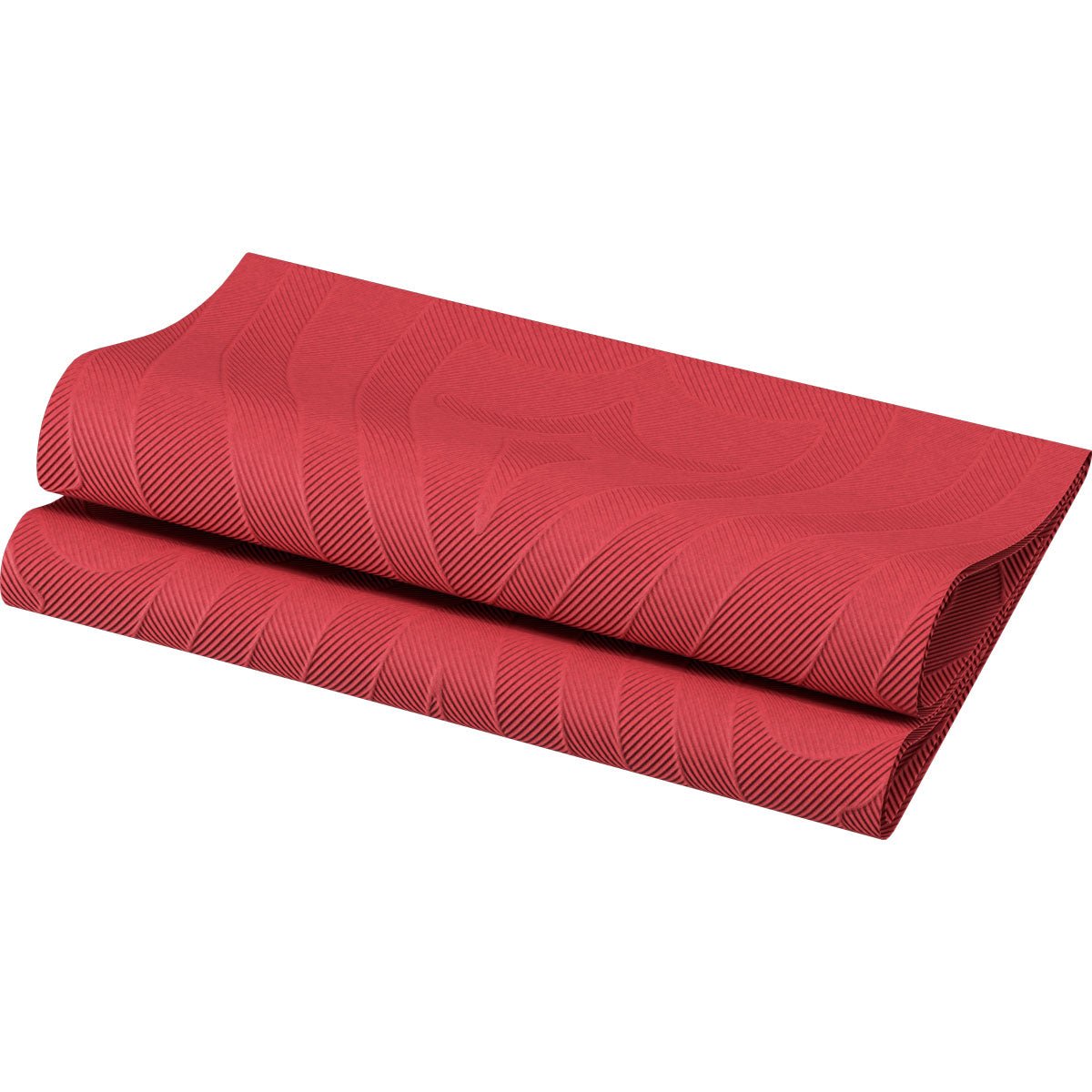 The folded Elegance napkins 40x40 cm in burgundy by Duni GmbH with a stylish embossed pattern are depicted on a white background.