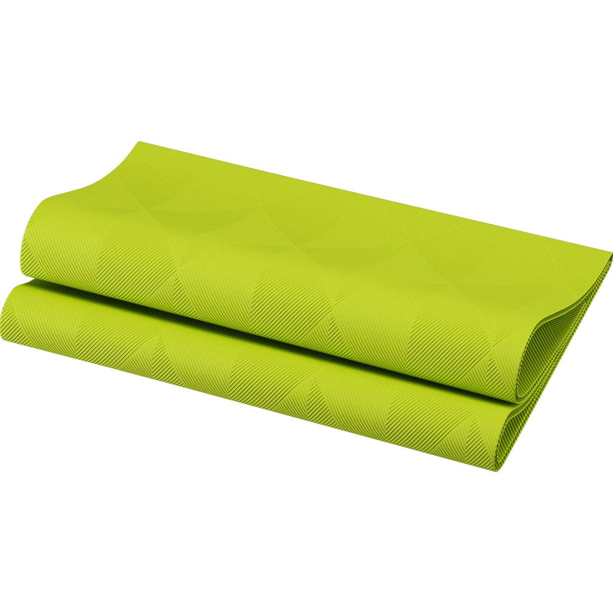 A pack of 40 Elegance Napkins 40x40 cm Crystal Kiwi by Duni GmbH in a bright green with a subtle geometric pattern is presented on a white background as a high-quality table decoration.