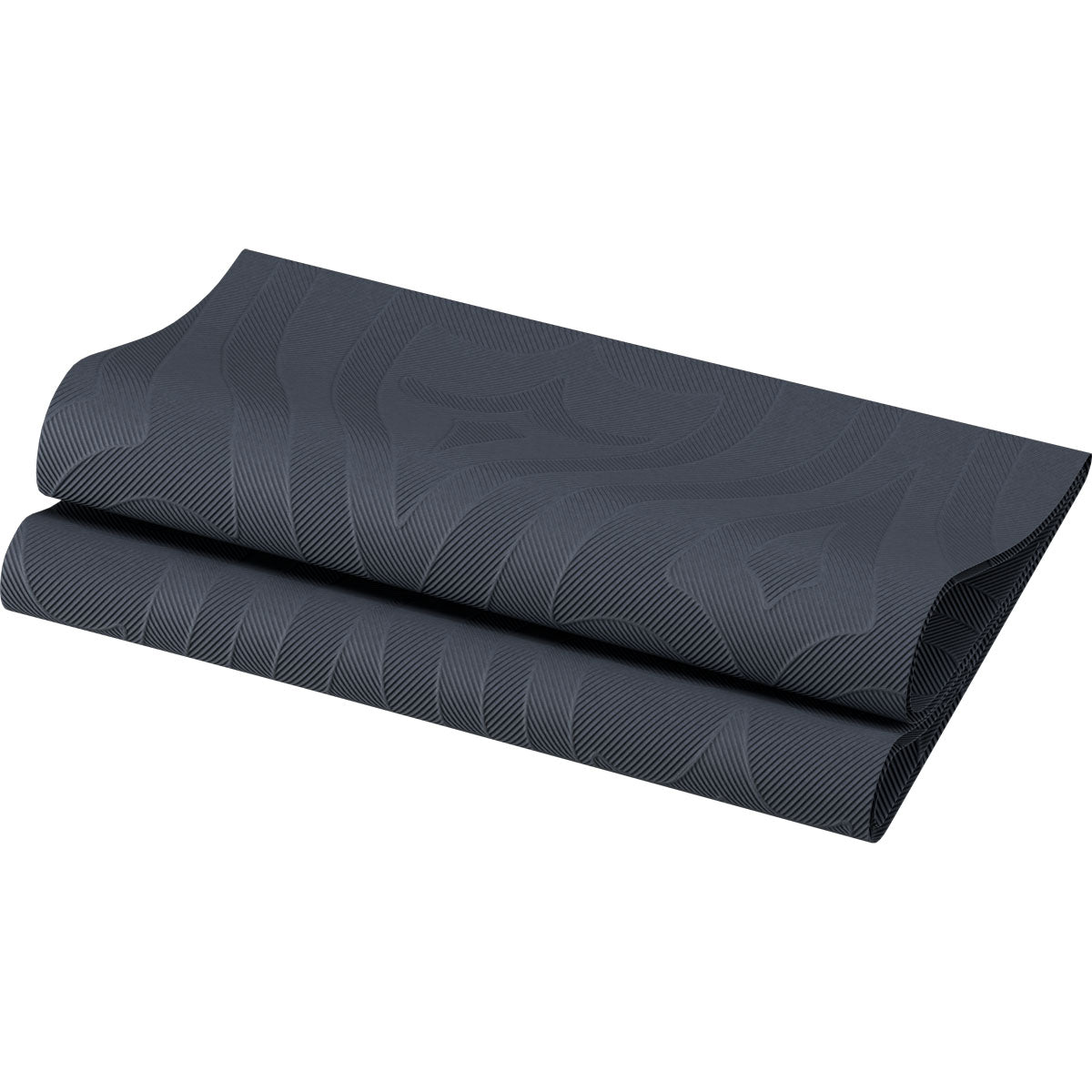 A dark gray yoga mat with a subtle, wave-like pattern is partially rolled on a white background and reflects the elegant look of the Elegance napkins 48 x 48 cm 1/4 fold Lily by Duni GmbH.