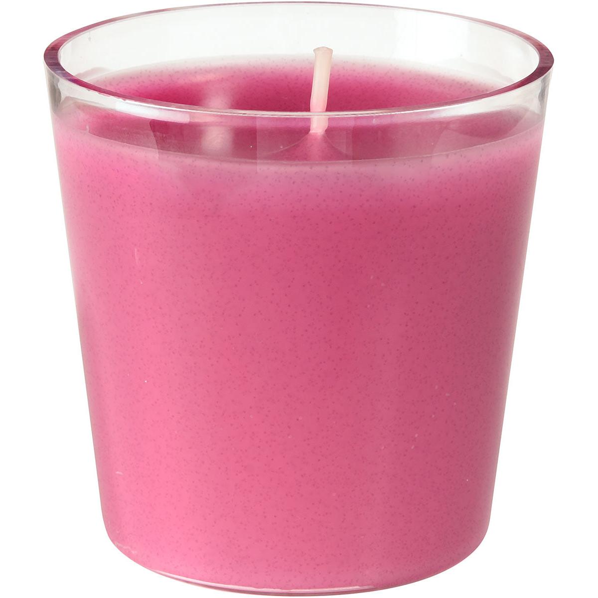 The refill Switch & Shine from Duni GmbH is a pink wax refill in a clear glass, with a centrally arranged white wick. The smooth wax offers about 30 hours of burn time and fills the 65 x 65 mm container for long-lasting enjoyment.