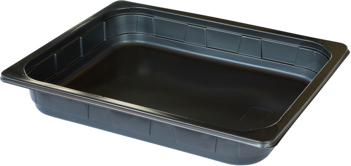 The Duni GmbH PP Tray 1/2 GN Black PP 325x265 is a black, rectangular food dish with a wide edge, ideal for gastronomy or catering, shown empty on a white background.