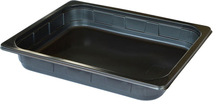 The Duni GmbH PP Tray 1/2 GN Black PP 325x265 is a black, rectangular food dish with a wide edge, ideal for gastronomy or catering, shown empty on a white background.
