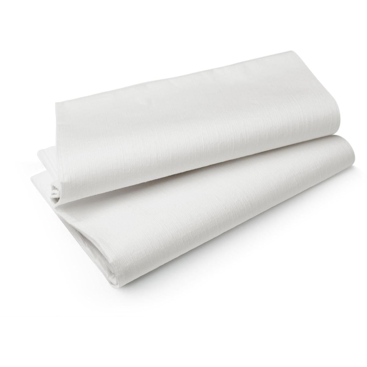 Two neatly folded Evolin tablecloths 127 x 180 cm from Duni GmbH in an elegant linen look are stacked on top of each other against a plain white background.