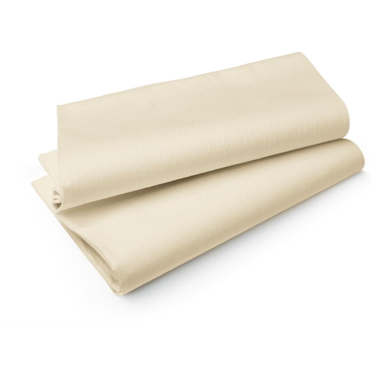 A pair of finely neatly folded beige bed sheets on a white background, reminiscent of the elegant linen look of Duni GmbH Evolin tablecloths 127 x 180 cm.