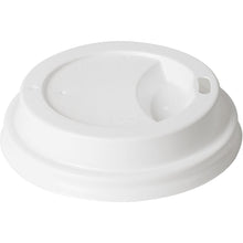 The lid for 159921 White PS from Duni GmbH is a white PS coffee cup lid with a small oval drinking hole and a raised edge. It is sold in packs of 100 pieces and matches lid 159921 in terms of convenience and versatility. Pictured on a white background.