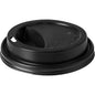 The lid for 159921 Black PS from Duni GmbH is a black plastic coffee cup lid with a small drinking hole and raised sipping section. It fits securely on disposable cups. The package contains 100 pieces.