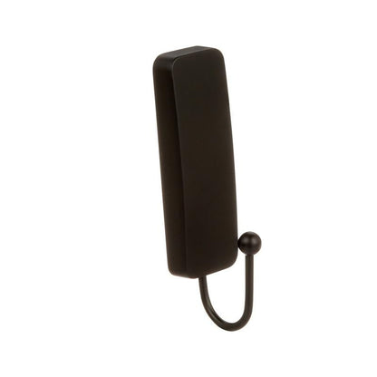 The medium-sized Command™ Matte Black Hook 17034B from 3M Deutschland GmbH with a rectangular backplate and curved end is ideal as a wall hook without drilling, delivered with 1 hook and 2 strips, isolated against a white background.
