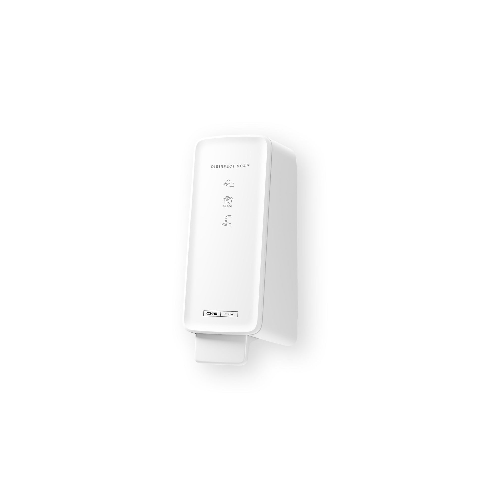 The CWS PureLine Disinfect Foam | Pack (1 piece) by CWS is a white, wall-mounted automatic dispenser with a rectangular design that dispenses disinfectant foam in foam form. Icons and text highlight effective disinfection, with a sensor and a button located below.