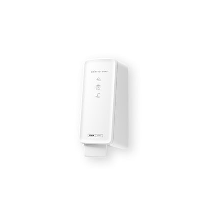 The CWS PureLine Disinfect Foam | Pack (1 piece) by CWS is a white, wall-mounted automatic dispenser with a rectangular design that dispenses disinfectant foam in foam form. Icons and text highlight effective disinfection, with a sensor and a button located below.