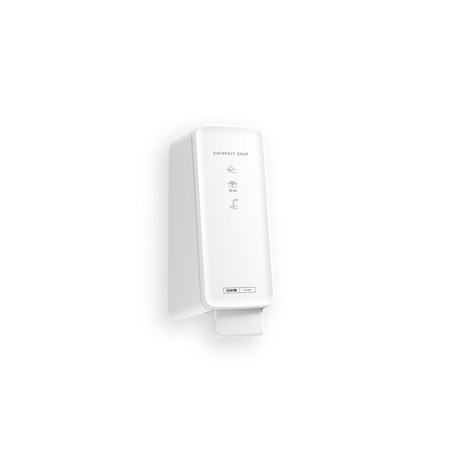 A white, wall-mounted dispenser labeled "Disinfect Soap" dispenses CWS PureLine Disinfect Foam (1 piece) for effective disinfection. It features simple application symbols and a rectangular push button at the bottom on a plain white background.