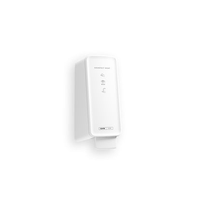 A white, wall-mounted dispenser labeled "Disinfect Soap" dispenses CWS PureLine Disinfect Foam (1 piece) for effective disinfection. It features simple application symbols and a rectangular push button at the bottom on a plain white background.