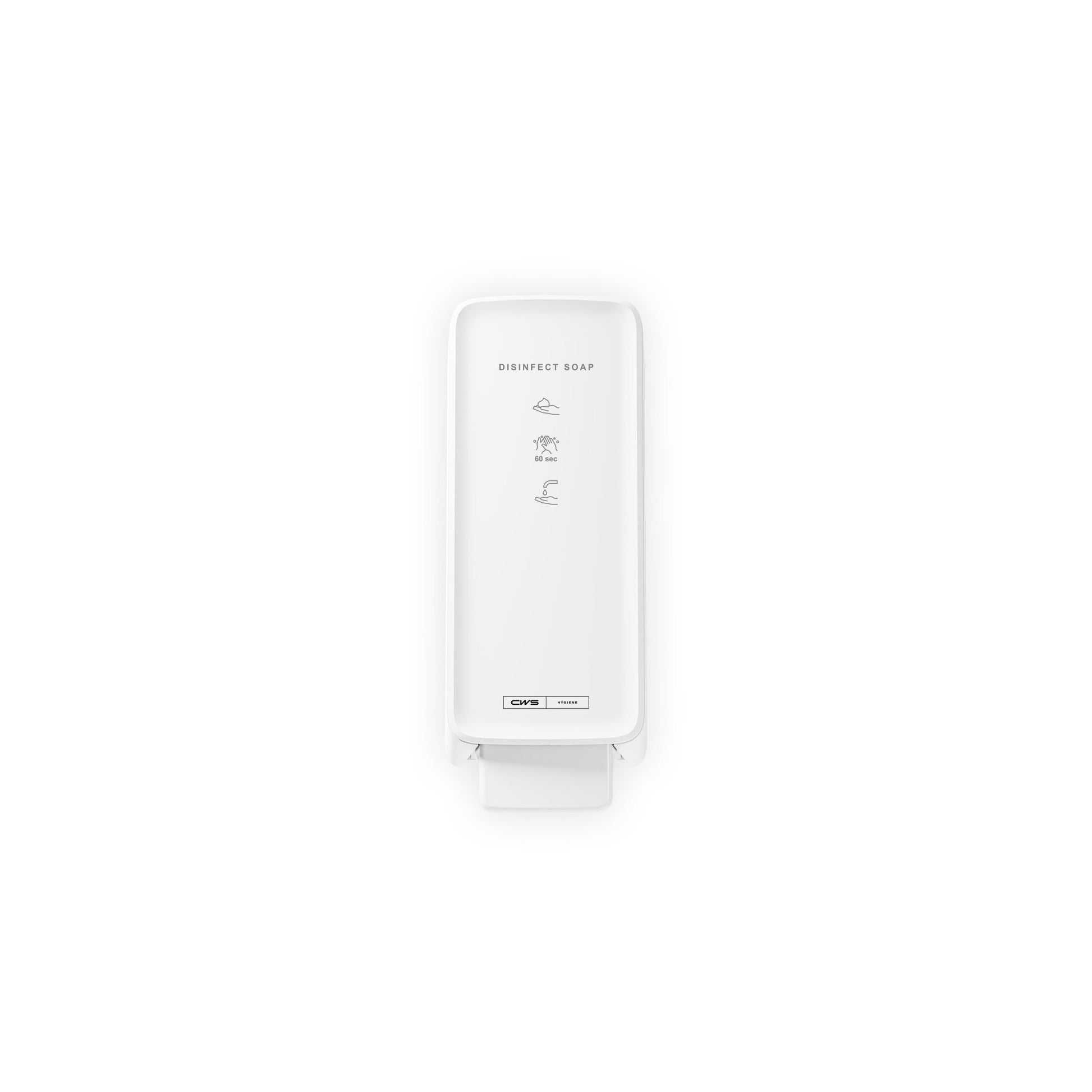 The CWS PureLine Disinfect Foam Dispenser by CWS is a white, wall-mounted device labeled "DISINFECT SOAP" that dispenses disinfectant foam in foam form, with simple handwashing symbols and an on/off switch for effective disinfection.