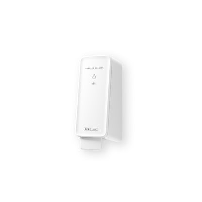 The CWS PureLine Surface Cleaner dispenser (1 piece) from CWS is a white, wall-mounted device with a minimal, rectangular design and simple symbols. It features a push lever at the bottom for hygienic surface cleaning.