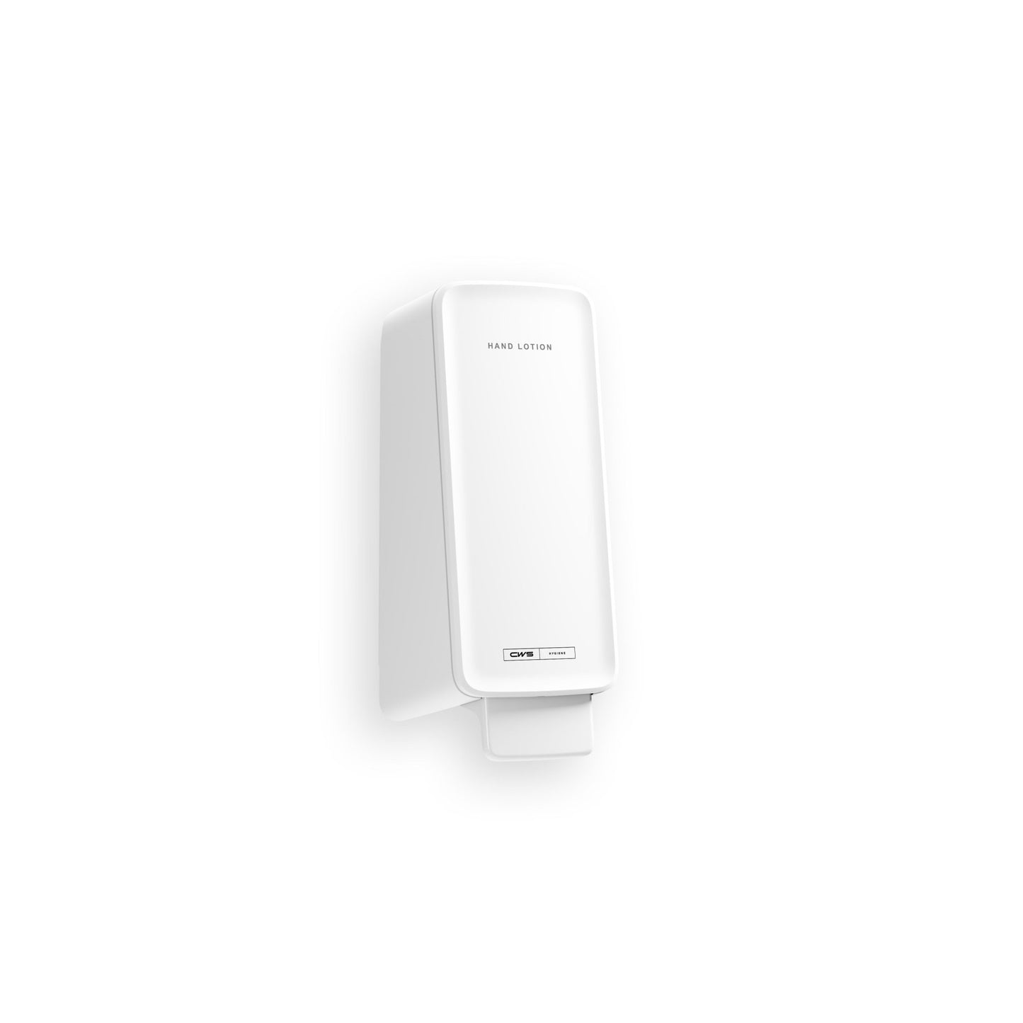 A white, rectangular wall dispenser with the inscription "Hand Lotion" and a push lever dispenses the CWS PureLine Hand Lotion from CWS for intense moisture and smooth skin. Depicted against a plain white background.