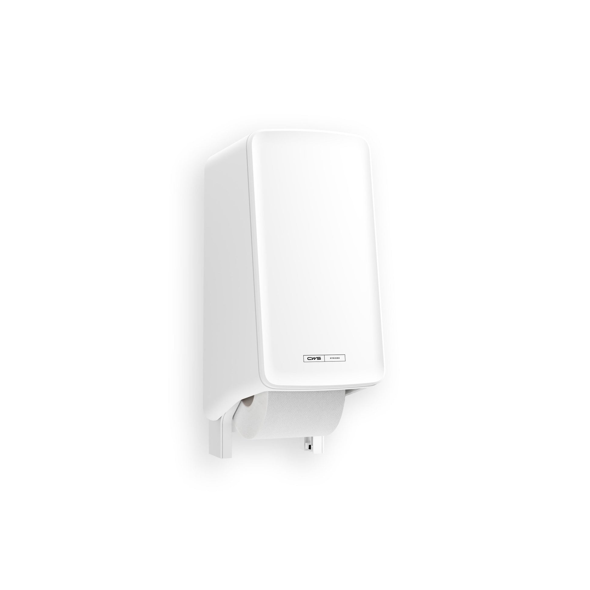 The CWS PureLine toilet paper dispenser (1 piece) from CWS is wall-mounted, made from eco-friendly cellulose, and features a visible roll at the bottom against a plain white background.