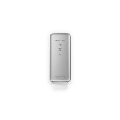 The CWS PureLine front panel for the Disinfect Foam/NT dispenser, a wall-mounted silver device from CWS, features simple symbols and text instructions made from high-quality materials against a plain white background.