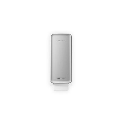 A CWS PureLine front panel for hand lotion dispensers by CWS is mounted on a white wall, viewed from above. It ensures hygienic hand hygiene with the inscription "Handlotion" and offers easy dispensing via a push lever at the bottom.