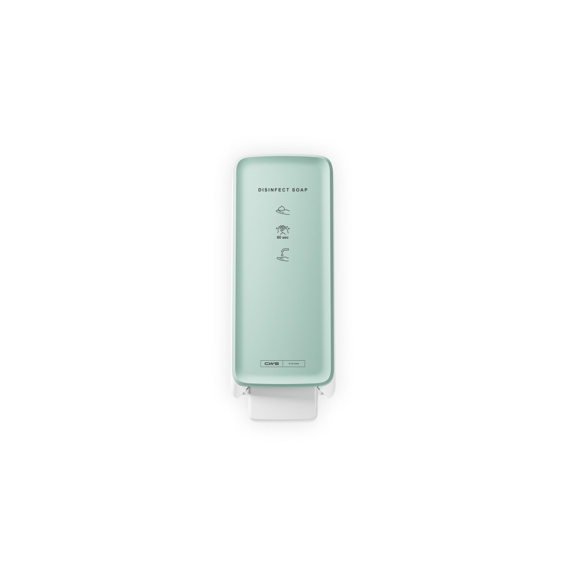 A mint green, wall-mounted CWS PureLine front panel for the Disinfect Foam/NT dispenser shows "DISINFECT SOAP", illustrated instructions, and a sleek design against a white background.