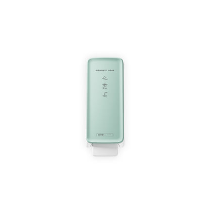 A mint green, wall-mounted CWS PureLine front panel for the Disinfect Foam/NT dispenser shows "DISINFECT SOAP", illustrated instructions, and a sleek design against a white background.