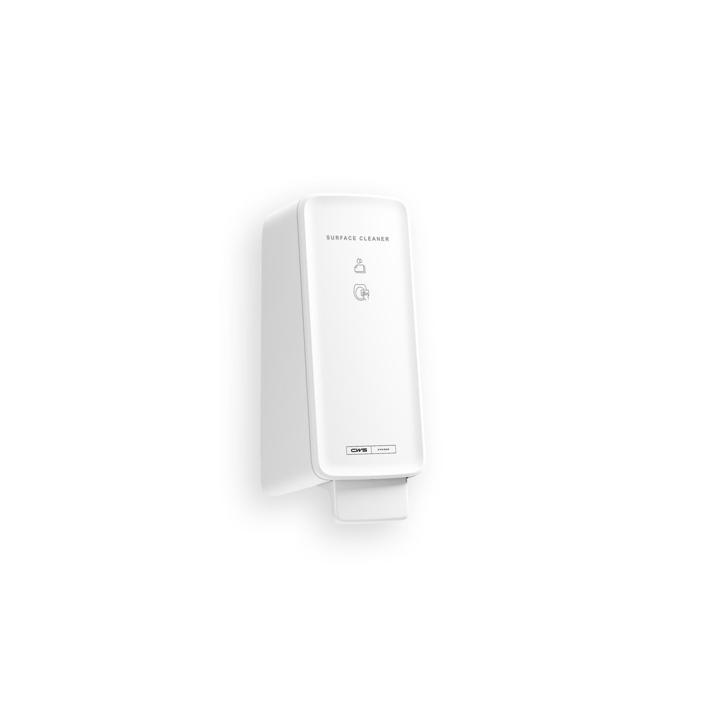 A white, wall-mounted CWS PureLine Surface Cleaner Toilet dispenser with a rectangular, minimalist design shows "Surface Cleaner," simple symbols, and emphasizes hygienic cleaning by CWS for effective bacteria removal in any room.