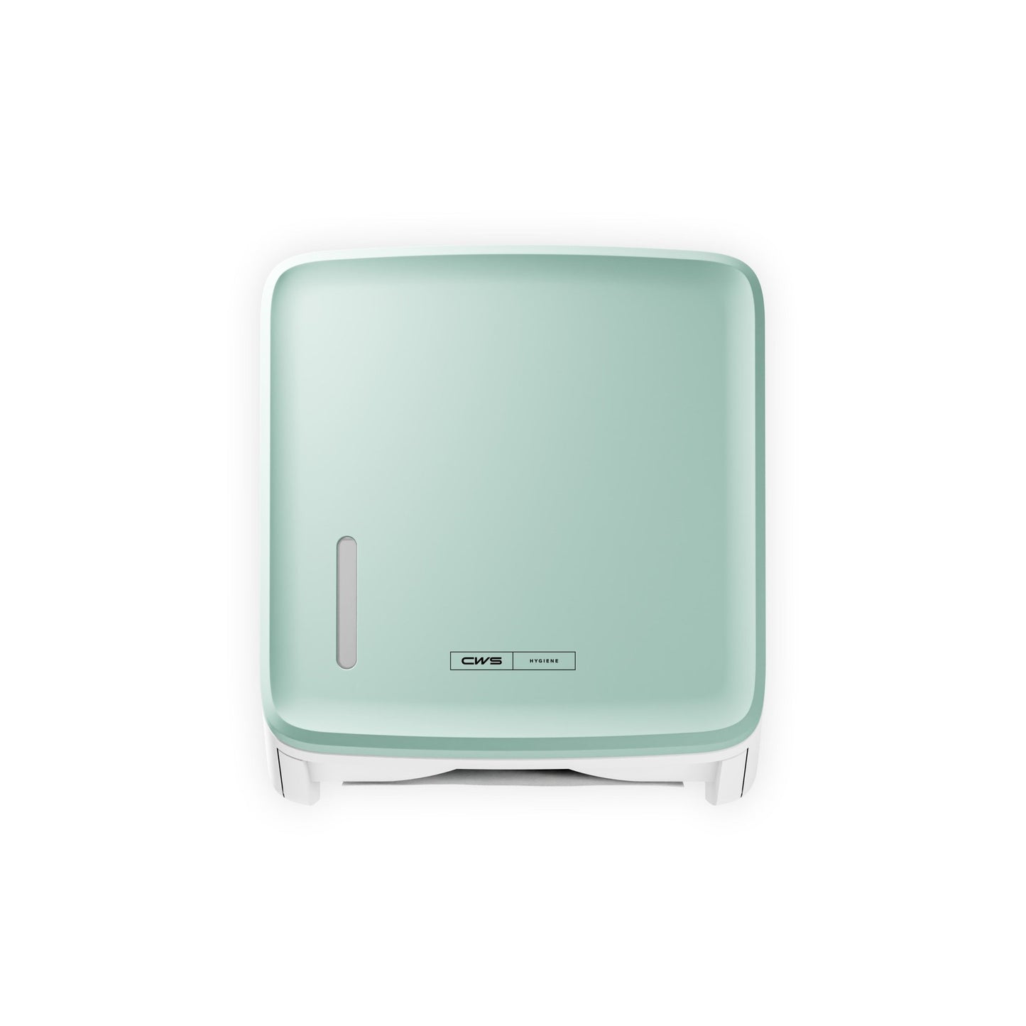 A square, wall-mounted mint green CWS PureLine front panel for the CWS paper dispenser features a small oval window and a CMS logo on the front, depicted against a white background.