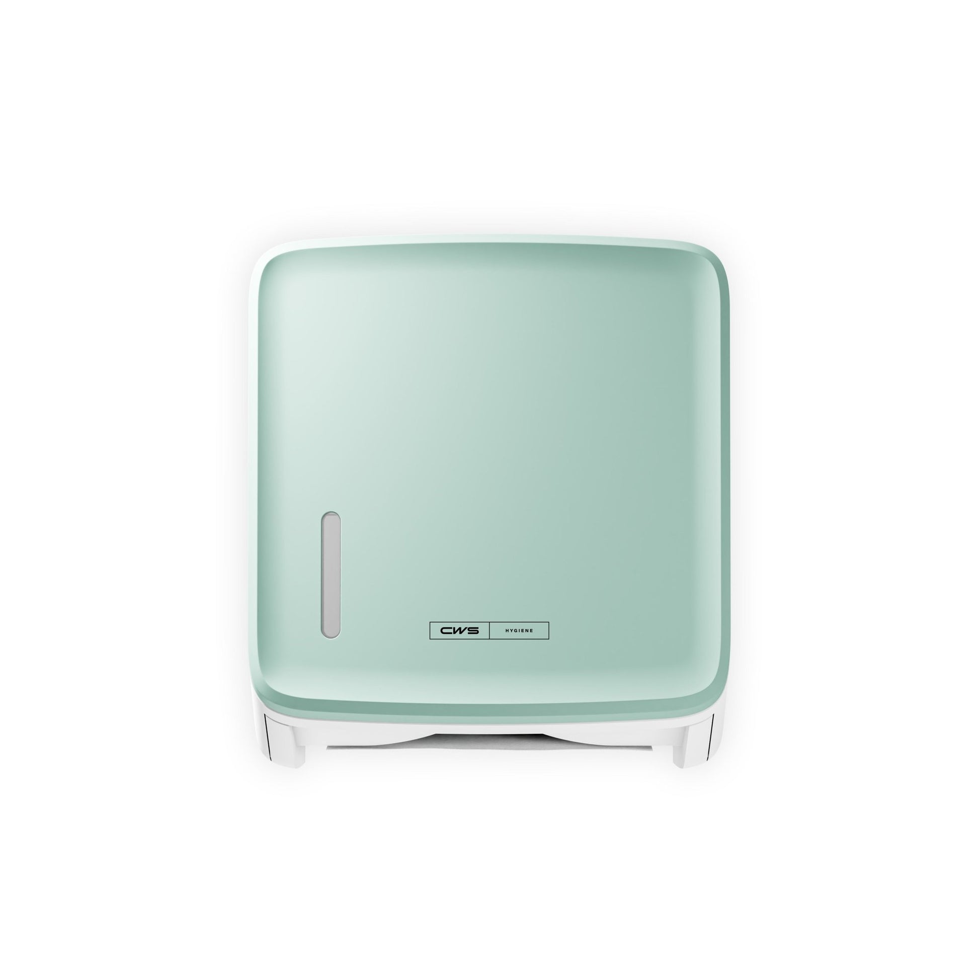 A square, wall-mounted mint green CWS PureLine front panel for the CWS paper dispenser features a small oval window and a CMS logo on the front, depicted against a white background.