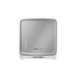 The CWS PureLine front panel for the paper dispenser is a silver wall panel with a small vertical window on the left side and a rectangular label in the lower center, depicted against a white background.