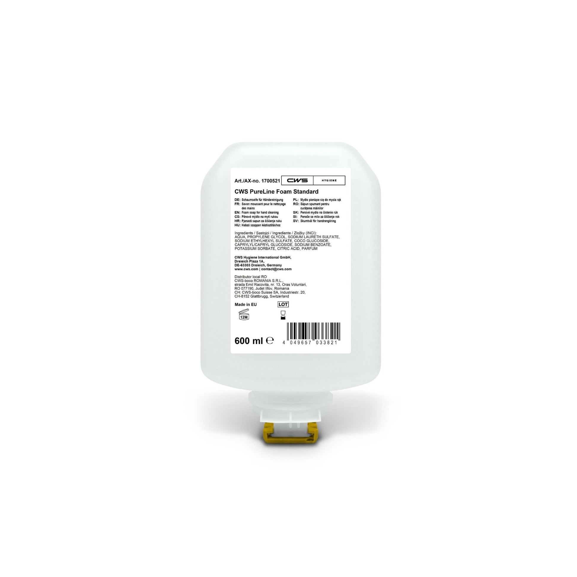 The CWS PureLine Foam Standard 600 ml is a transparent refill cartridge for foam soap dispensers, featuring a white label with information, ingredients, and barcode, as well as a yellow bottom nozzle. Brand: CWS.