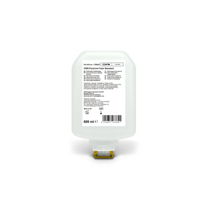 The CWS PureLine Foam Standard 600 ml is a transparent refill cartridge for foam soap dispensers, featuring a white label with information, ingredients, and barcode, as well as a yellow bottom nozzle. Brand: CWS.