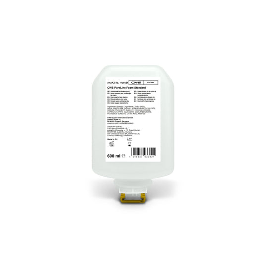 The CWS PureLine Foam Standard 600 ml is a transparent refill cartridge for foam soap dispensers, featuring a white label with information, ingredients, and barcode, as well as a yellow bottom nozzle. Brand: CWS.