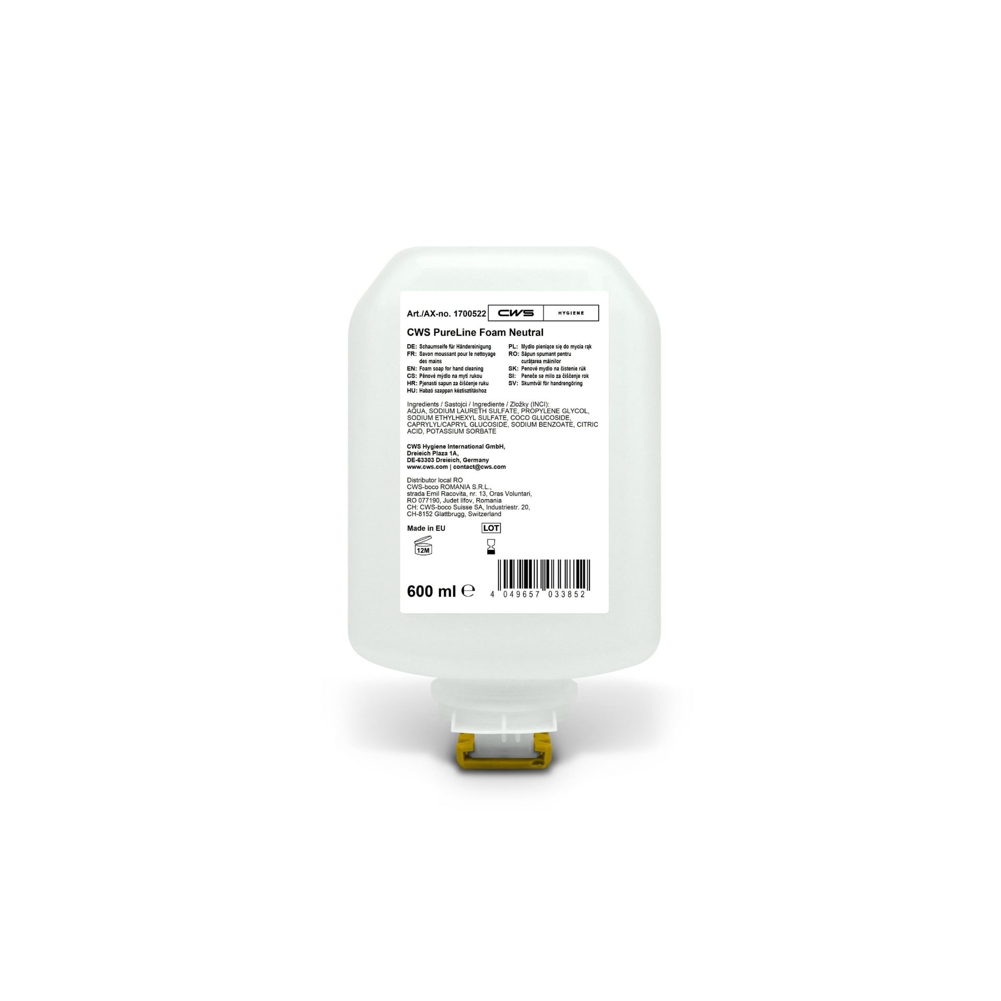 A 600 ml bottle of CWS PureLine Foam Standard Hand Soap from CWS with a front label containing information, ingredients, and barcode, as well as a yellow dispenser nozzle - ideal for any foam soap dispenser to ensure optimal hand hygiene.