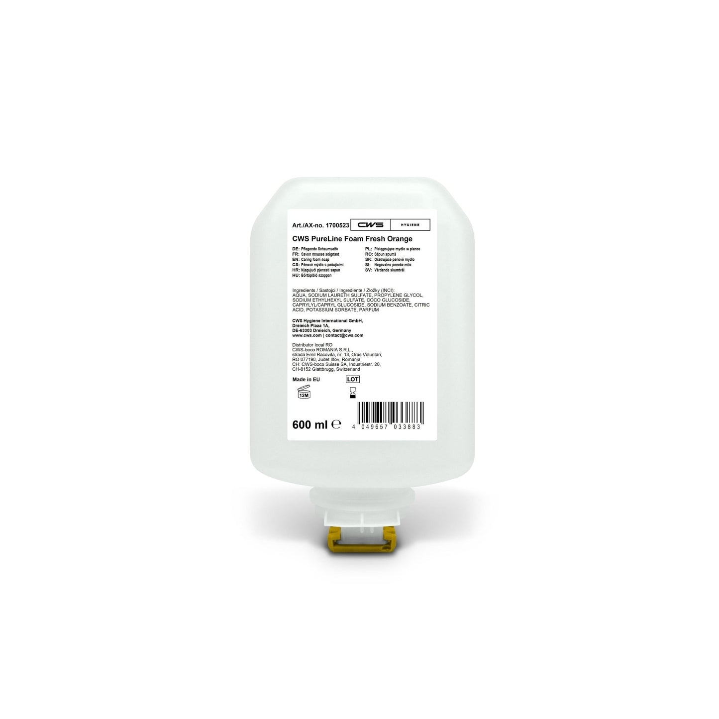 A 600 ml refill cartridge of the CWS PureLine Foam Standard hand hygiene dispenser, labeled with product information and ingredient list in multiple languages on a white background.