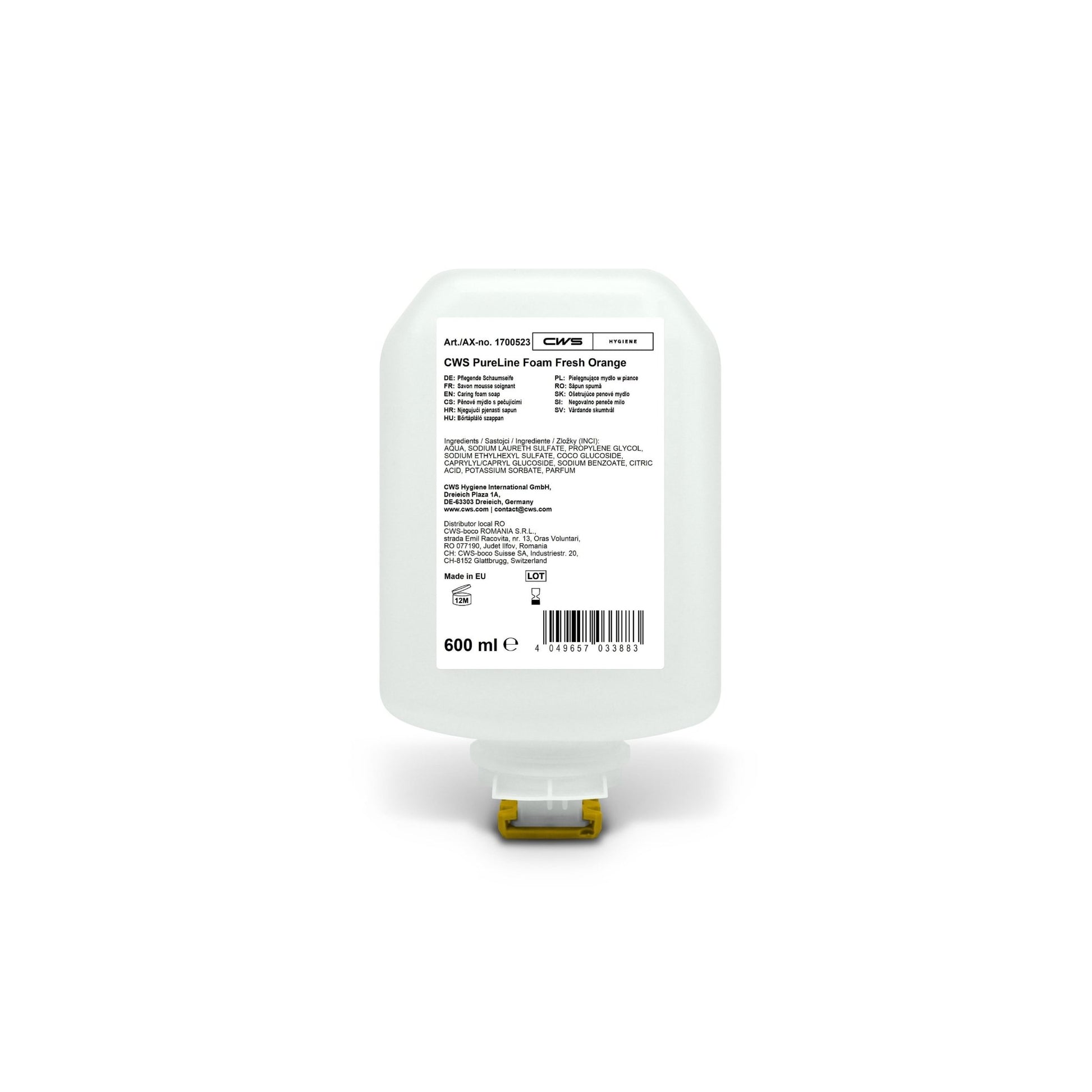 A 600 ml refill cartridge of the CWS PureLine Foam Standard hand hygiene dispenser, labeled with product information and ingredient list in multiple languages on a white background.