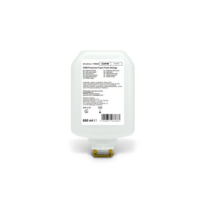 A 600 ml refill cartridge of the CWS PureLine Foam Standard hand hygiene dispenser, labeled with product information and ingredient list in multiple languages on a white background.