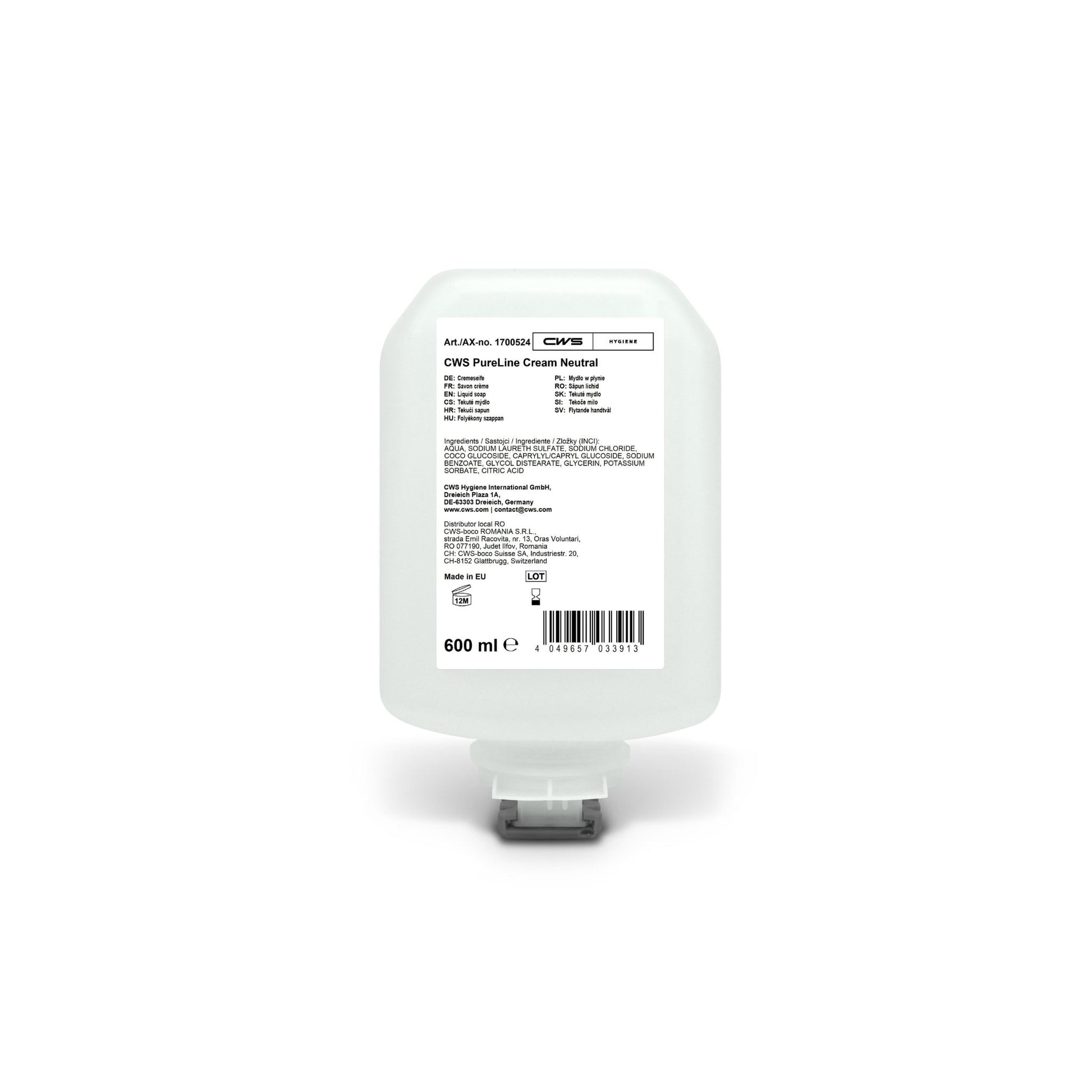 The CWS PureLine Cream Neutral 600 ml bottle was developed for daily use on sensitive skin and is provided with ingredients and product information on a white label with a transparent bottom closure.