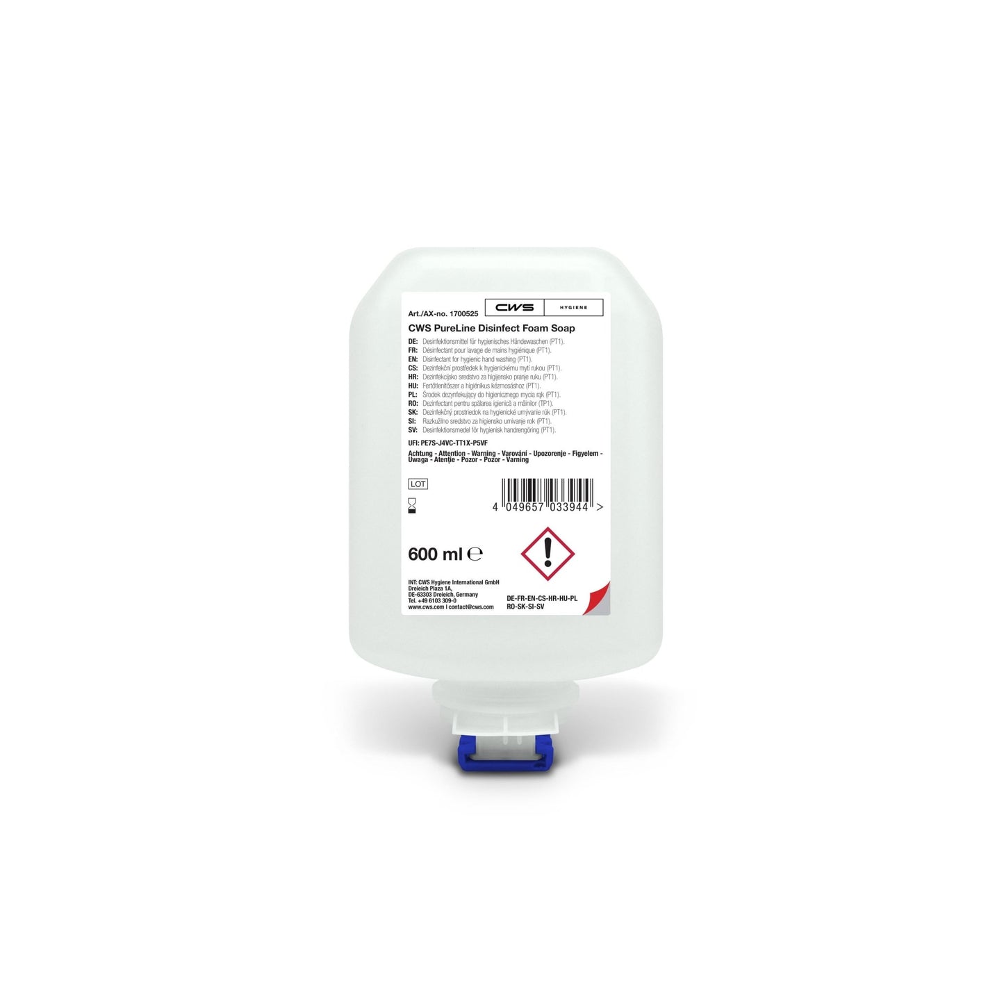 A 600 ml bottle of CWS PureLine Desinfect Gel from CWS with a clear design, blue-white dispenser, and a label with product details, application instructions, safety symbols, and warnings against germs and bacteria.