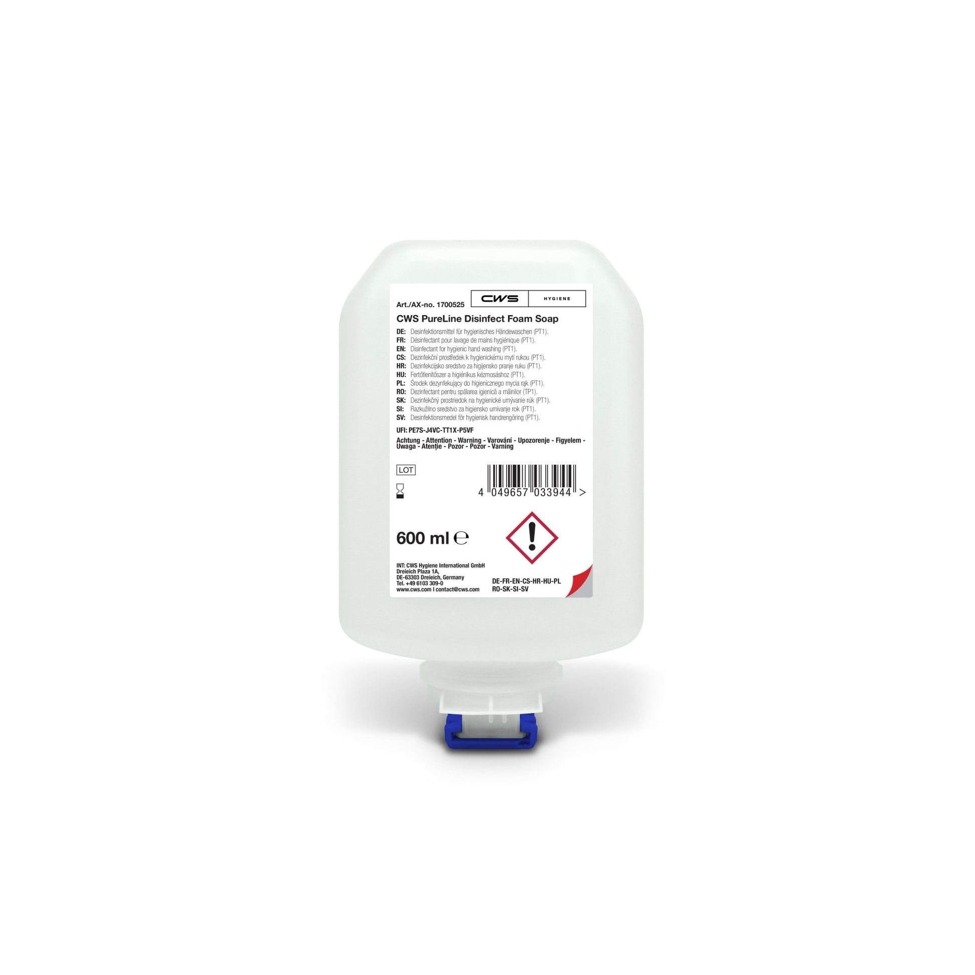 A 600 ml bottle of CWS PureLine Desinfect Gel from CWS with a clear design, blue-white dispenser, and a label with product details, application instructions, safety symbols, and warnings against germs and bacteria.