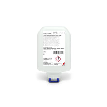 A 600 ml bottle of CWS PureLine Desinfect Gel from CWS with a clear design, blue-white dispenser, and a label with product details, application instructions, safety symbols, and warnings against germs and bacteria.