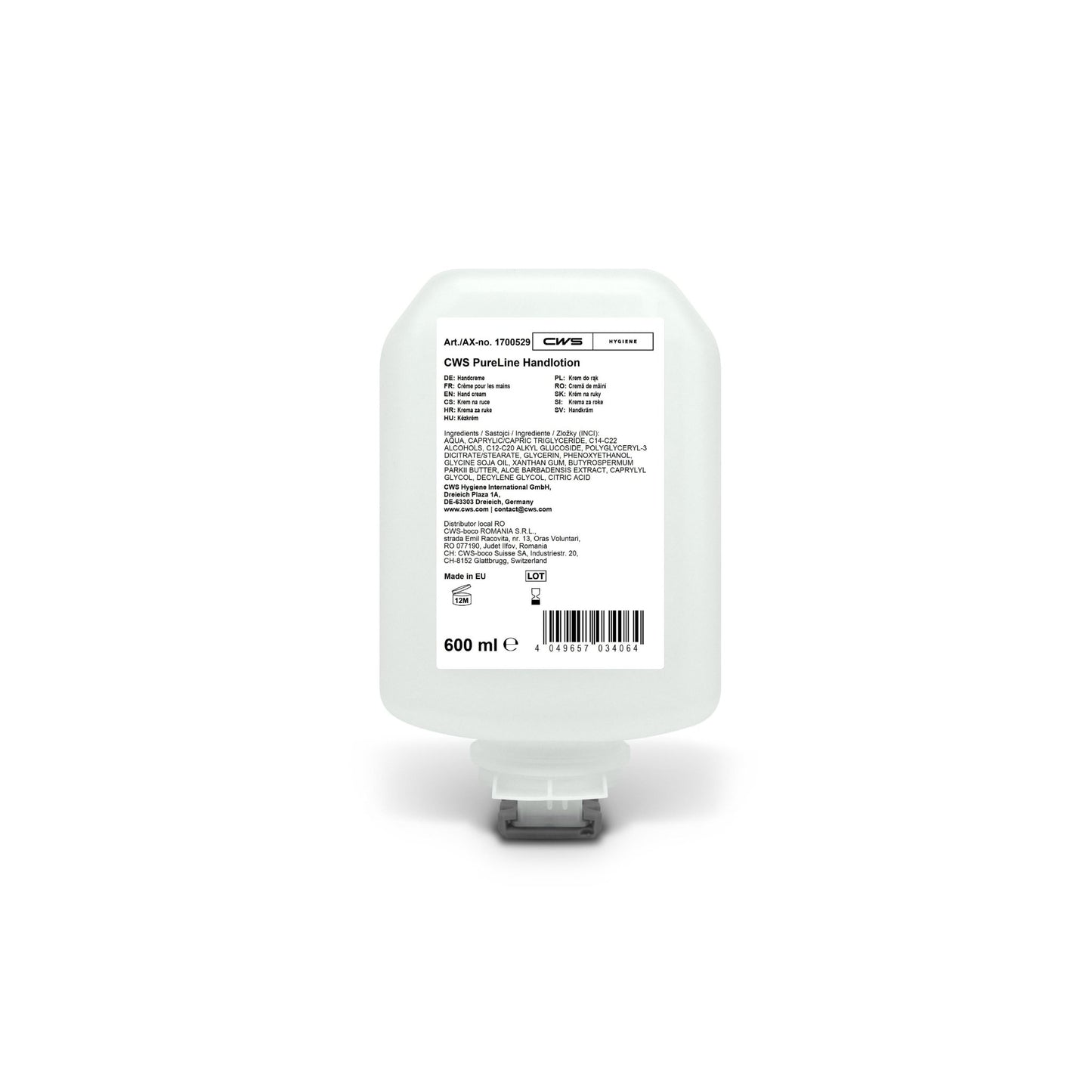 The CWS PureLine hand lotion 600 ml bottle from CWS has a white label with product details, ingredients, application instructions, and manufacturer information in black text. The bottle has a bottom dispenser nozzle. Contains panthenol and vitamin E for moisturizing care.