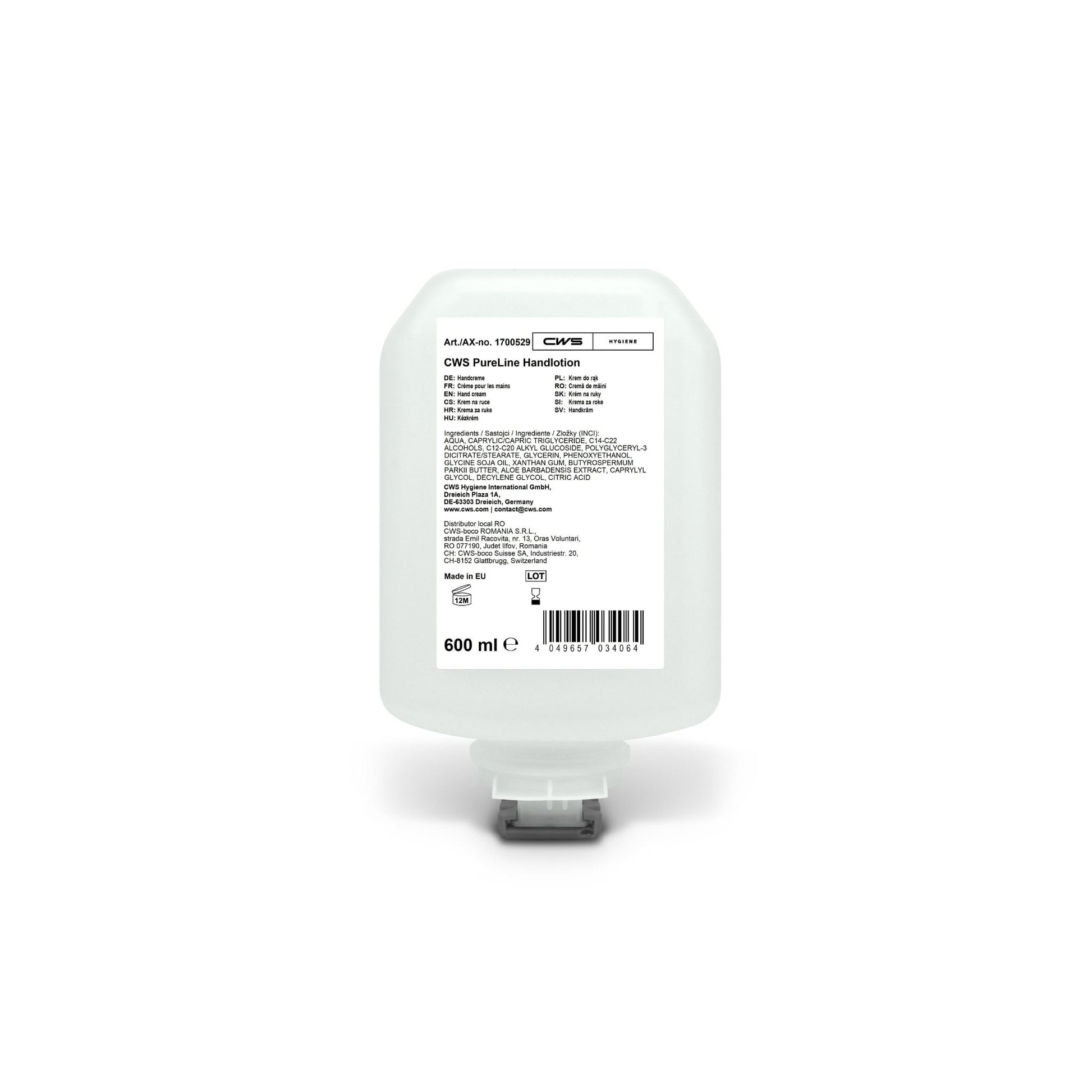 The CWS PureLine hand lotion 600 ml bottle from CWS has a white label with product details, ingredients, application instructions, and manufacturer information in black text. The bottle has a bottom dispenser nozzle. Contains panthenol and vitamin E for moisturizing care.
