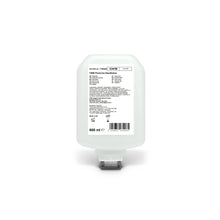 The CWS PureLine hand lotion 600 ml bottle from CWS has a white label with product details, ingredients, application instructions, and manufacturer information in black text. The bottle has a bottom dispenser nozzle. Contains panthenol and vitamin E for moisturizing care.