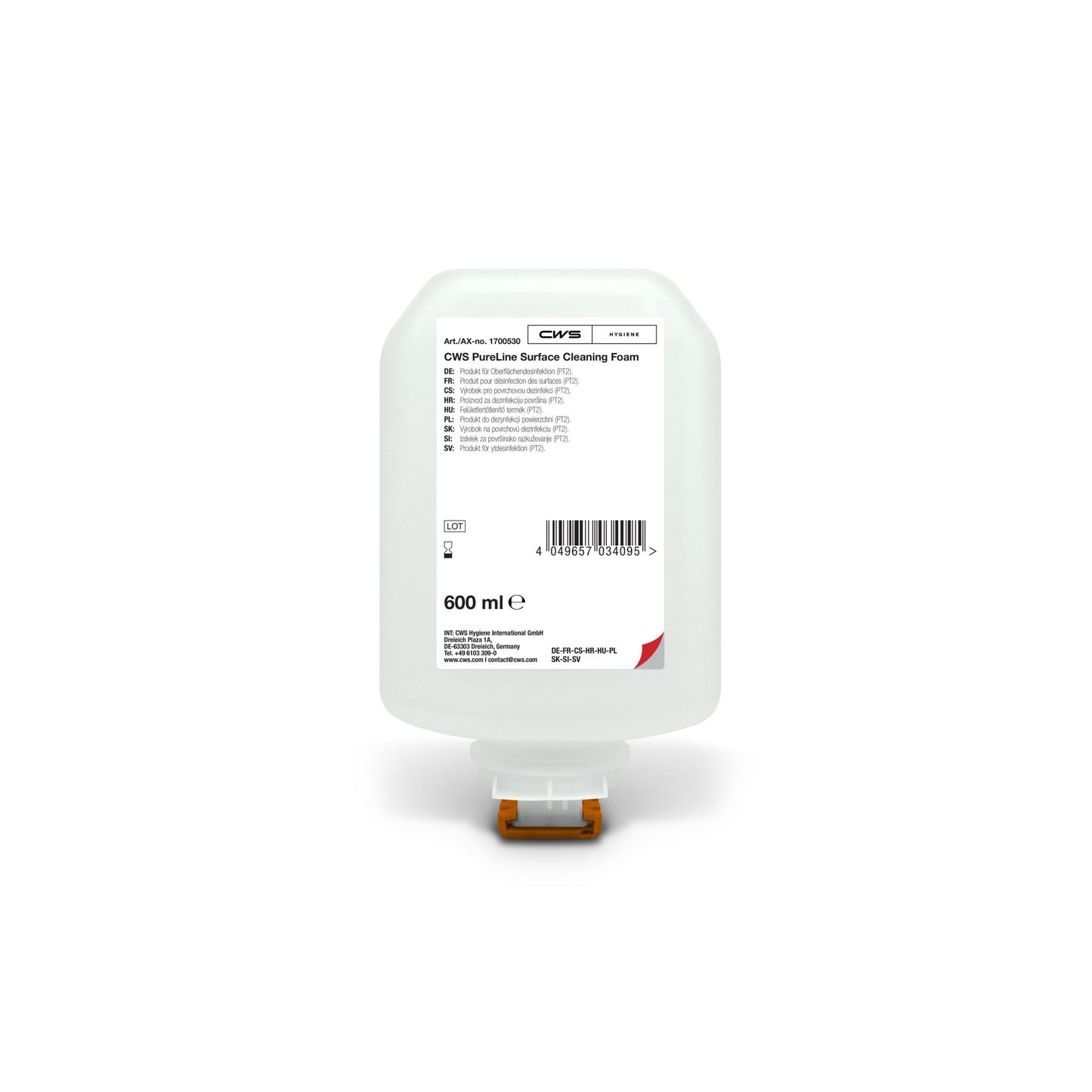 The CWS PureLine Surface Cleaning Foam 600 ml bottle features a white label with product details, instructions, and barcode, as well as an orange dispenser for efficient cleaning and a streak-free result.
