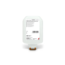 The CWS PureLine Surface Cleaning Foam 600 ml bottle features a white label with product details, instructions, and barcode, as well as an orange dispenser for efficient cleaning and a streak-free result.
