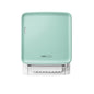 The square, mint green CWS PureLine paper towel dispenser for wall mounting with the CWS PureLine front panel for PureLine Paperroll features a white front cover and a partially extended sheet against a simple white background.