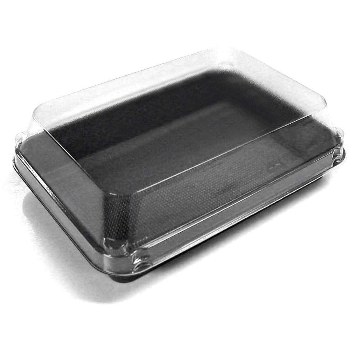 The Duni GmbH Lunchbox Black / Transparent PS 185x135x54 (Pack of 200 pieces) is a clear, rectangular clamshell container, ideal for packaging baked goods or salads to-go and is shown empty on a white surface.