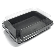The Duni GmbH Lunchbox Black / Transparent PS 185x135x54 (Pack of 200 pieces) is a clear, rectangular clamshell container, ideal for packaging baked goods or salads to-go and is shown empty on a white surface.
