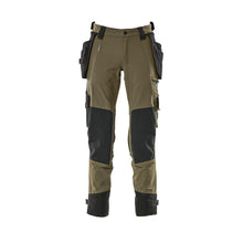 Pants with hanging pockets, stretch pants, moss green