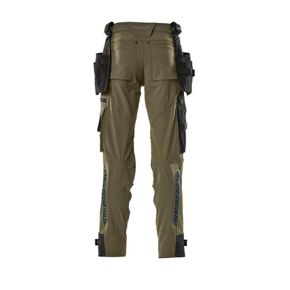 Pants with hanging pockets, stretch pants, moss green