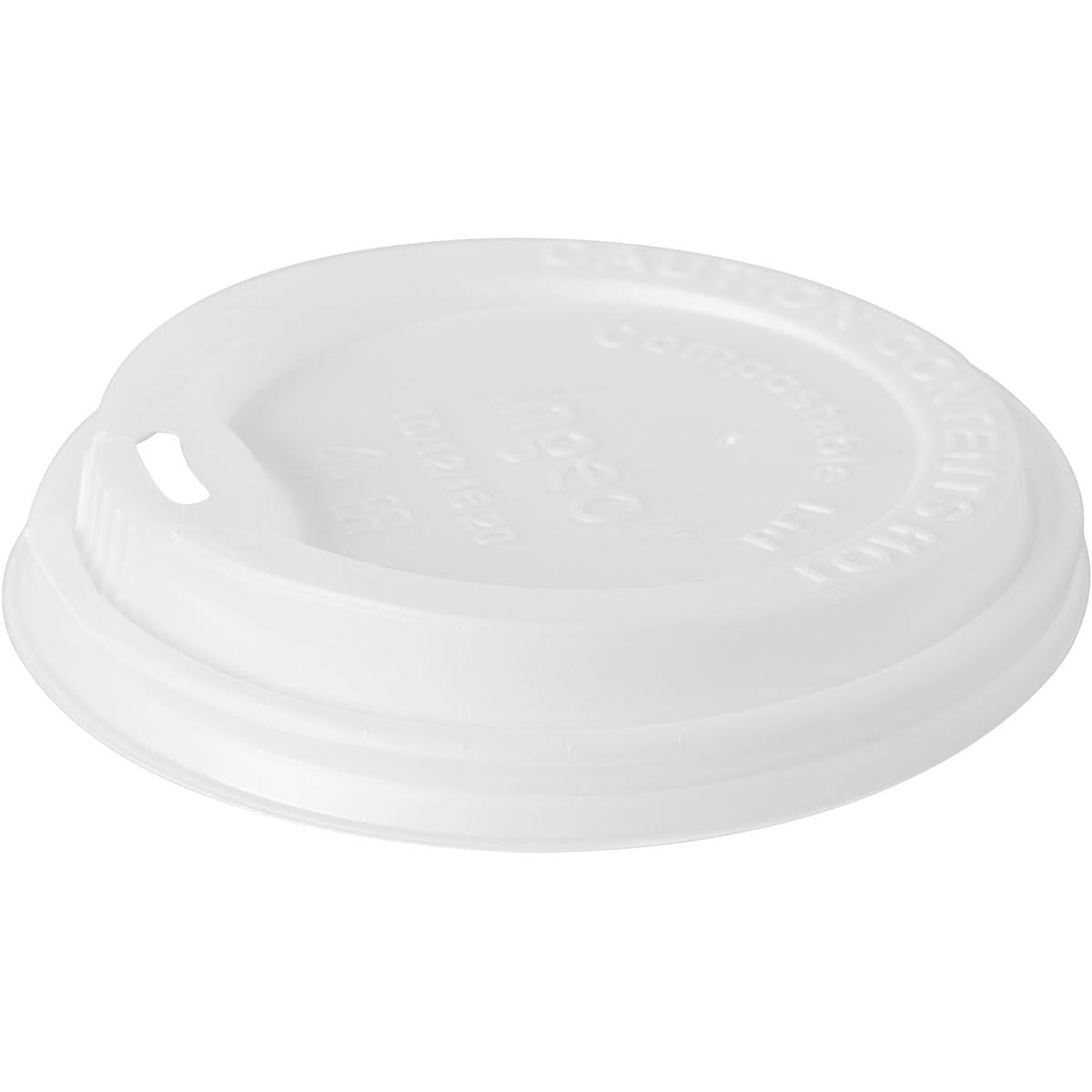 Pictured is a white CPLA lid for 191952 from Duni GmbH (pack of 50 pieces) against a plain background, with a small drinking slot and embossed safety/composting instructions.