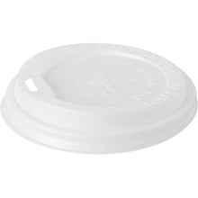 Pictured is a white CPLA lid for 191952 from Duni GmbH (pack of 50 pieces) against a plain background, with a small drinking slot and embossed safety/composting instructions.